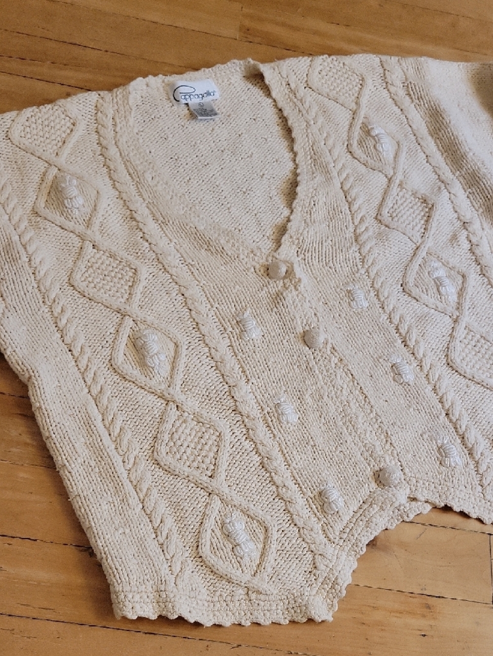 Pappagallo Cream Textured Cable-Knit Cardigan Silk Cotton